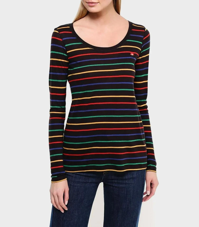 SONIA RYKIEL WOOL BLEND KNIT BLACK TEE TOP LONG SLEEVE NECK SCOOP MULTI STRIPE L - Image 1 of 4