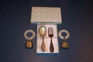 Webster Sterling Silver Infant Spoon & Fork w/Teething Rings MOP w/Box Gilbert - Picture 1 of 8