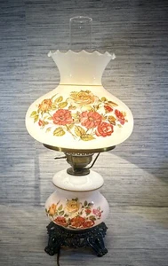 Vintage 3-Way Hurricane Gone With the Wind Table Lamp White Milk Glass w/ Roses - Picture 1 of 21