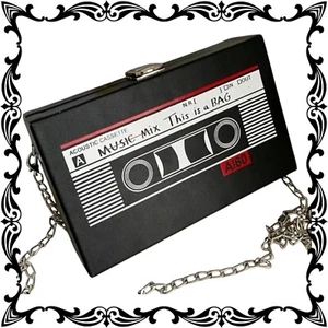 Women's 80'S Cassette Music Tape Purse Black Red Box Bag Silver Chain Crossbody - Picture 1 of 12