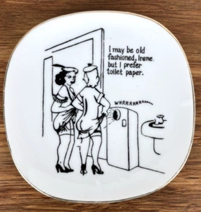Frecher Humor Schmuck Schale Midcentury gewagter Knebel Cartoon 5" Goldrand Teller - Bild 1 von 7