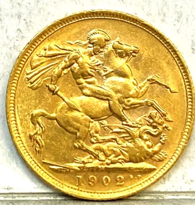 AUSTRALIA 1902 M GOLD MELBOURNE SOVEREIGN RARE KEY DATE LOW MINT UNC #01 - Foto 1 di 2