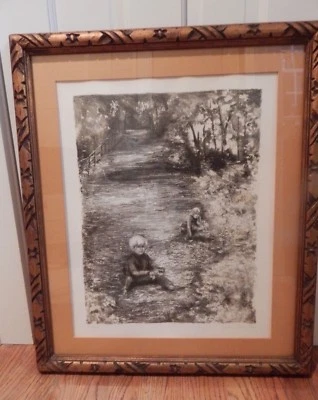 Joan Purcell Lithograph, Boy and Girl in Woods, Matted & Framed. - Image 1 of 4