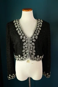 Vintage Laurence Kazar Silk Beaded Cropped Jacket Bolero Teardrop Sequins L - Picture 1 of 14