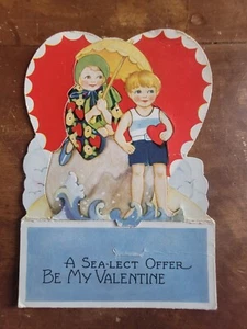 "Sea-Lect Offer" Children @ Beach Vintage 1920's Die-Cut Stand-Up Valentine - Picture 1 of 2