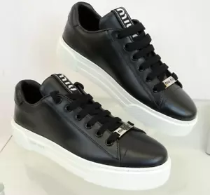 MIU MIU PRADA 5E165D BLACK LEATHER METAL LOGO LACE UP PLATFORM SNEAKERS 37 - Picture 1 of 15