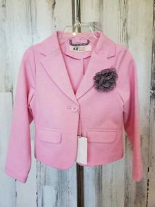 H&M Hm Pink Heavy Jersey Blazer Jacket 3d Flower Sz 3-4 NWT - Picture 1 of 4