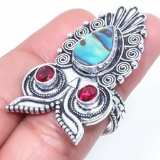 Jewelry Ring Size 8 M948 Abalone Shell, Garnet Gemstone Handmade Gift