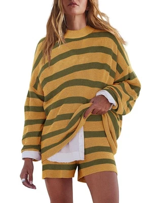 Conjuntos de pijama femininos oversized lounge 2 peças roupas listradas combinando longo... - Imagem 1 de 3