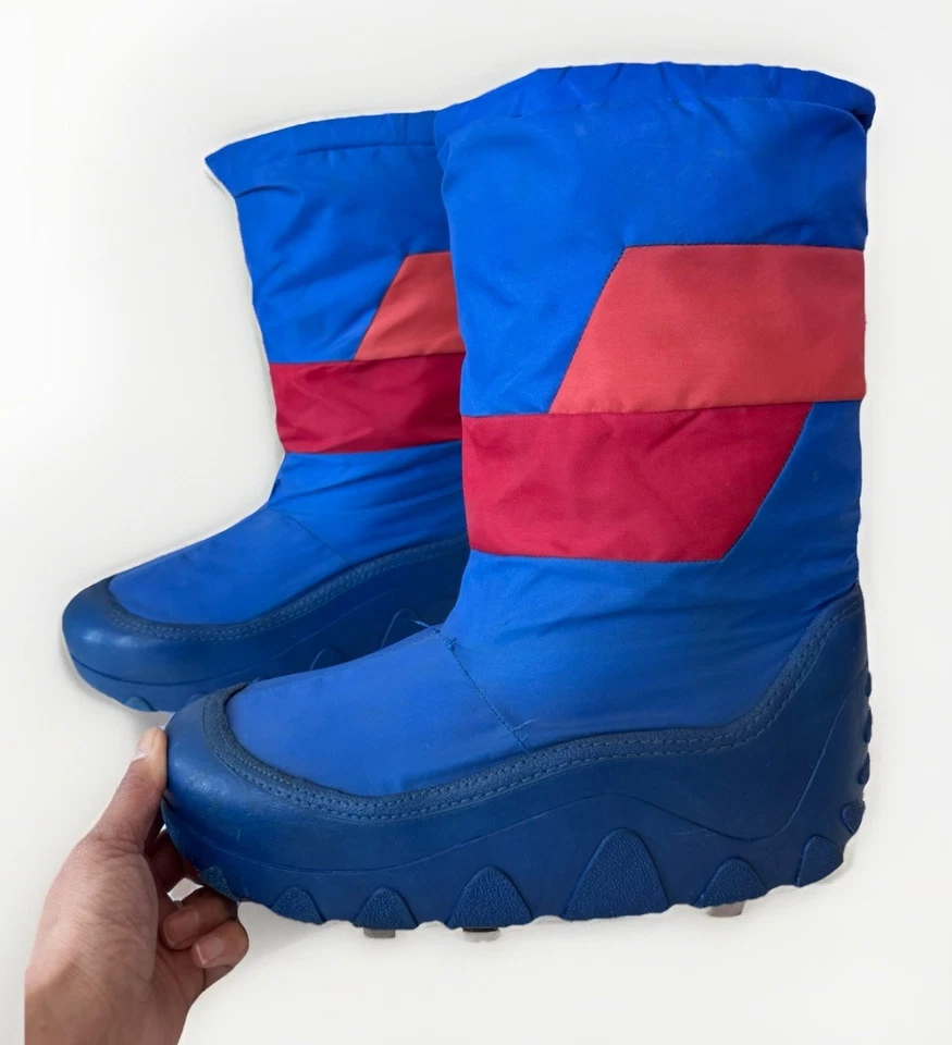 Botas masculinas vintage anos 70 anos 80’s bloco de cores azul nylon sola de borracha lua de neve tamanho 9 - Imagem 1 de 4