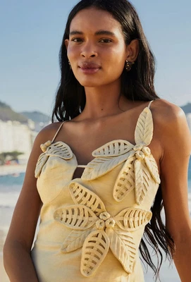 💕$320 VESTIDO MIDI FARM RIO 3D FLOR CORPIÑO ARENA LINO IMPRESIONANTE NUEVO TALLA PEQUEÑA Foto 1 de 4