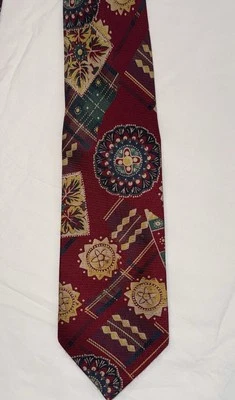 Tino Cosma 男式 100% 真丝设计师几何花卉红色金色领带 58x3.75 意大利 — 第 1/4 张图片