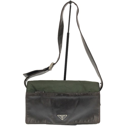 Sac à bandoulière combiné cuir nylon marron kaki PRADA