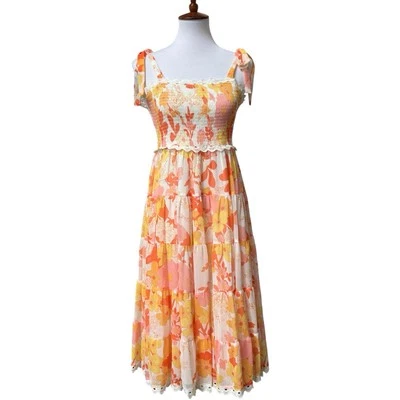 Nuevo con etiquetas Vestido INA Primrose Floral Calado Encaje Midi En Capas Naranja Para Mujer Talla Mediana Foto 1 de 4