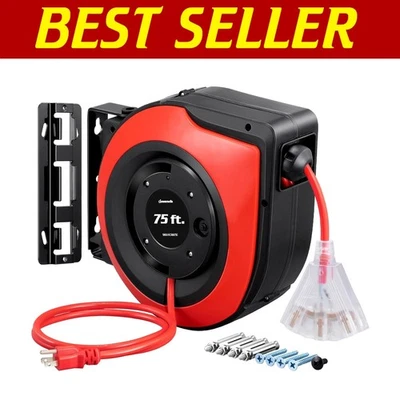 75FT Heavy-Duty Retractable Extension Cord Reel with 10A Circuit Breaker - Red - Image 1 of 4