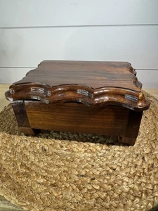 VTG Handmade Scalloped Wood Stained Jewelry Box - Picture 1 of 7
