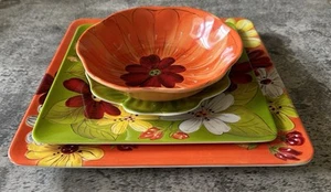 Laurie Gates Melamine Orange Floral Green 4 piece place setting Plates and Bowl - Picture 1 of 11