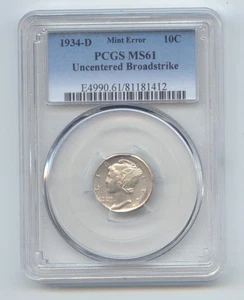 1934-D Mercury Dime Mint Error, Uncentered Broadstruck, PCGS MS-61 - Picture 1 of 2