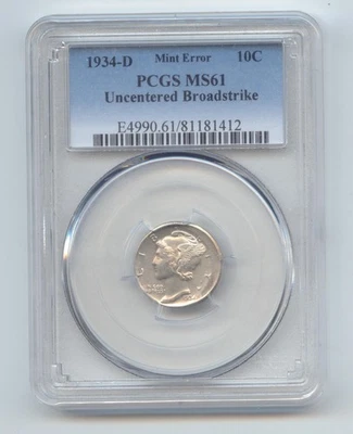 1934-D Mercury Dime Mint Error, Uncentered Broadstruck, PCGS MS-61 - Image 1 of 2