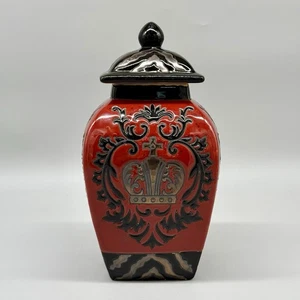 Tall Ceramic Decorative Ginger Jar Kitchen Canister Vase Urn Black & Red 9.5" - Picture 1 of 11