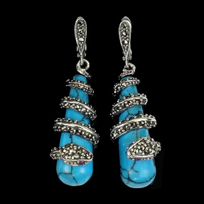 Pendientes Serpiente Rubí Marcasita 31x12mm Turquesa Estabilizada Plata de Ley 925 Foto 1 de 4