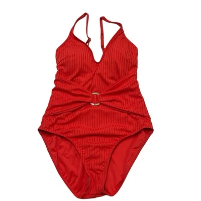 Traje de baño Michael Kors para mujer 10 coral naranja icónico faja anillo logotipo acanalado resort Foto 1 de 4