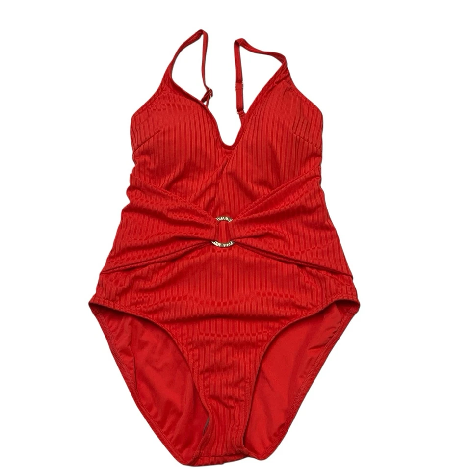 Traje de baño Michael Kors para mujer 10 coral naranja icónico faja anillo logotipo acanalado resort Foto 1 de 4