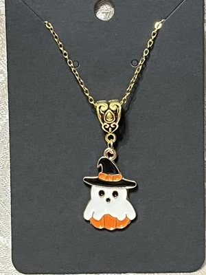 Retro Ghost Witch Halloween Charm Bohemian Novelty Fun Gold Boho Necklace 18” - Image 1 of 2