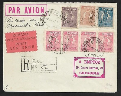 BLOQUE DE CORREO AÉREO DE RUMANIA A FRANCIA DE 4 FERDINAND I EN PORTADA REGISTRADA 1924 Foto 1 de 2