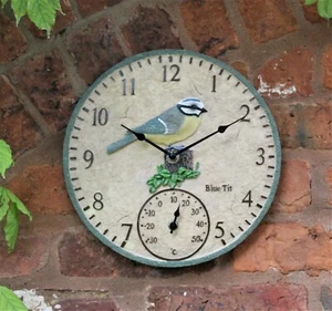 Garden Wall Clock Thermometer Outdoor Indoor 12 inch Bird Blue Tit Birds Design - Picture 1 of 4