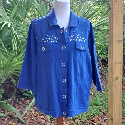 Chaqueta Onique para mujer 2X azul camisa adornada frontal a presión algodón spandex Foto 1 de 4