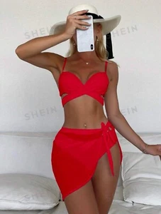 Bikini Set Top Bottom & Skirt Sexy Red Bikini Junior Woman Size Small - Picture 1 of 7