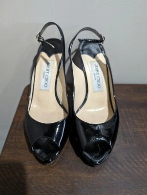 Zapatos de salón Jimmy Choo Nova negro charol plataforma punta abierta con cordones para mujer Foto 1 de 4
