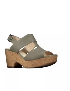 CLARKS LADIES MARITSA GLAD SAGE LEATHER HEELED WEDGE SANDALS SIZE UK 6 D EU 39.5 - Picture 1 of 5