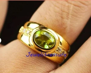 Natural Peridot & CZ Gemstones with 925 Sterling Silver Gold Plated Men Ring #9 - Picture 1 of 5