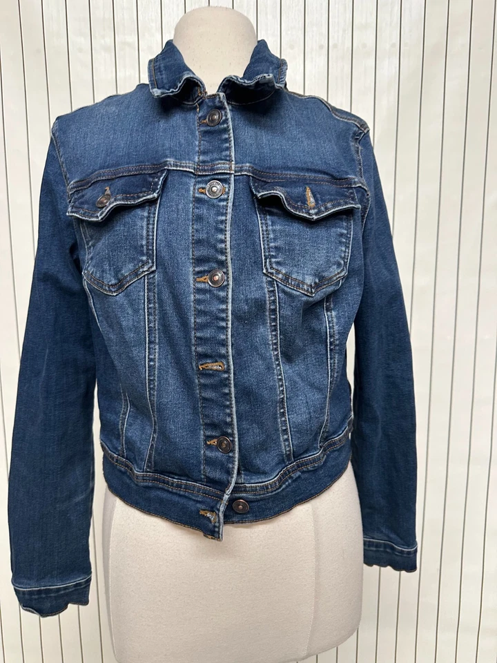 Chaqueta de mezclilla WAX JEAN para mujer azul oscuro corta doble bolsillo botón delantero talla 1XL Foto 1 de 4