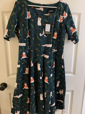 Nuevo con etiquetas Vestido Collectif Talla 14 Rockabilly Swing Estilo Años 50 Navidad Gatos Verde Foto 1 de 4