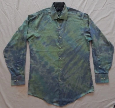 领带染料绿色蓝色条纹长袖纽扣正装衬衫 - 中号手工制作 — 第 1/4 张图片