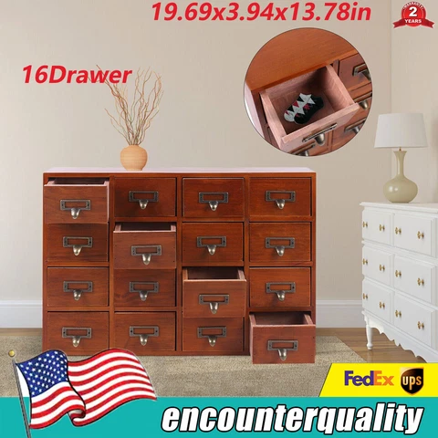 16Drawer Wooden Storage Box Medicine Cabinet Label Holder Card Catalog Organizer Cover