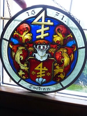 Superbe véritable vitrail aux plombs blason chevalier  XXème - Photo 1/4