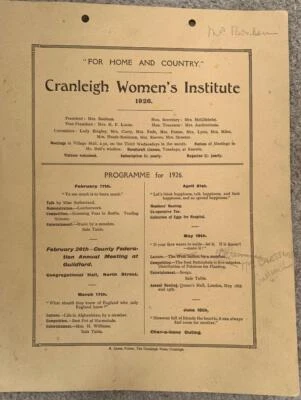1926 WOMENS INSTITUTE PROGRAMME W.I. history V. EARLY original CRANLEIGH SURREY - Image 1 of 3