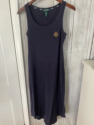 RALPH LAUREN navy cotton pull on midi dress RL crest sz S old money preppy - Image 1 of 4