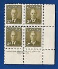 Canada Canadian King George Vi Two 2 Cent Olive Postage Stamp Block Mnh Plate 7