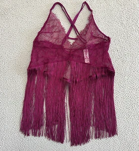 Victoria Secret Fringe Bustier Medium Top Lace Sheer Burgundy - Picture 1 of 19