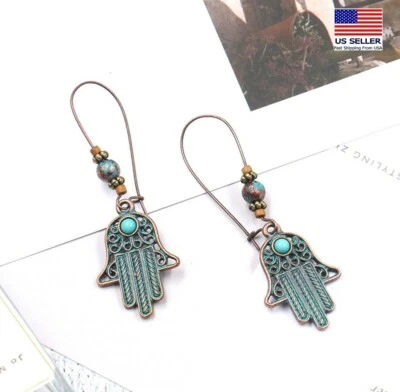Fashion Women Vintage Bohemian Earrings Aged Bronze Fatima Hand Hook 1286 - Image 1 of 4