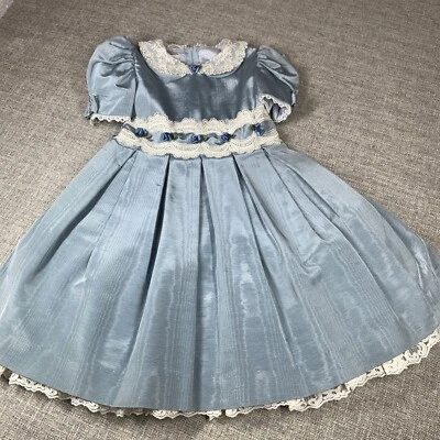 Vestido Vintage Tafetán y Encaje Niñas Talla 4 Azul Polvo Reliquia Retrato Fiesta Foto 1 de 4