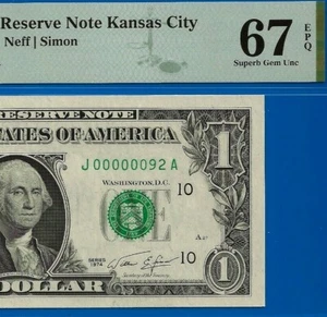 1974 $1 Federal Reserve Note PMG 67EPQ birthday fancy low serial number 00000092 - Picture 1 of 3