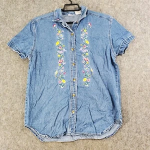 Vtg Cabin Creek Top Womens Small Blue Denim Button-Up Floral Embroidered 90s - Picture 1 of 15