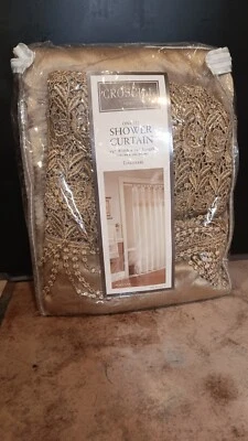 New CROSCILL Champagne/Gold Crinkled Fabric, Macrame, Shower Curtain 72x72 - Image 1 of 4