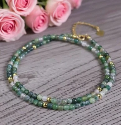 Delicado collar gargantilla de ágata musgo 4 mm cristal piedras preciosas cuentas redondas minimalista Foto 1 de 4